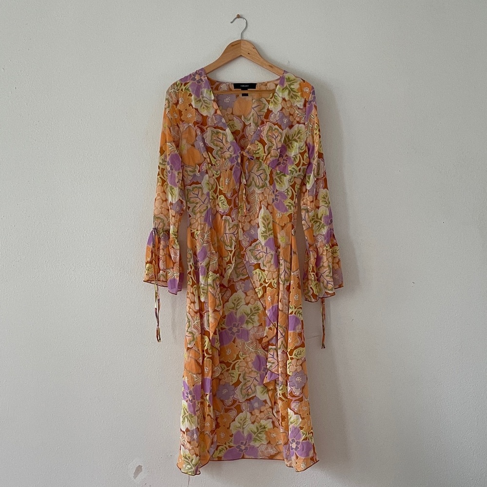 Forever 21 Sheer Duster Floral Open Front Bell Sleeve Midi Cardigan Overlay